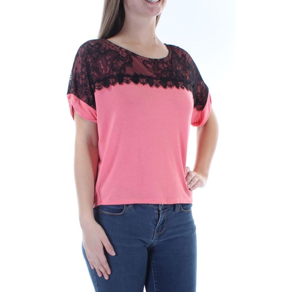 MON AMI Womens Pink Lace Short Sleeve Jewel Neck Top Size: S